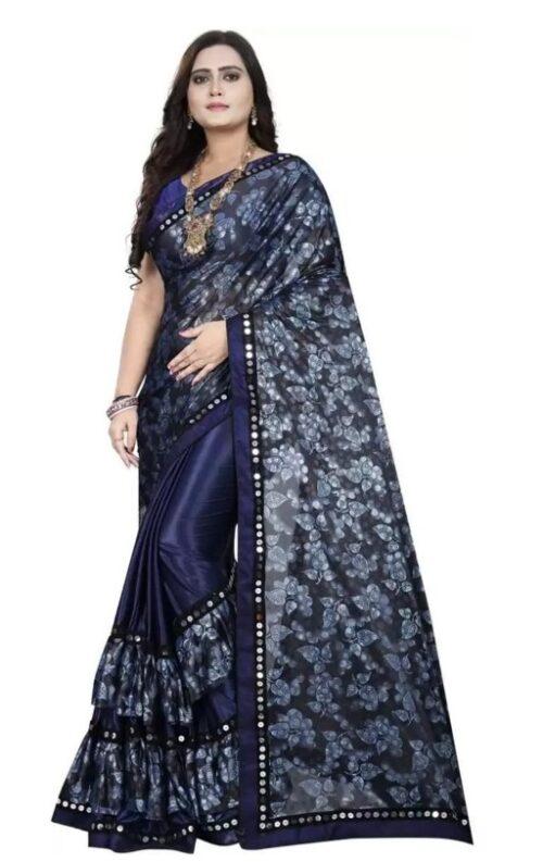 Generic Women’s Lycra Blend Sarees (Dark Blue , 5-6Mtrs)