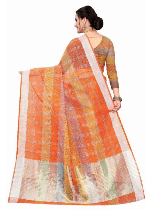 Generic Women's Cotton Blend Sarees (Orange , 5-6Mtrs) - Image 2