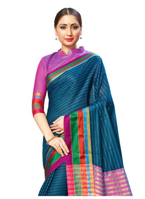 Generic Women's Cotton Silk Sarees (Blue , 5-6Mtrs)