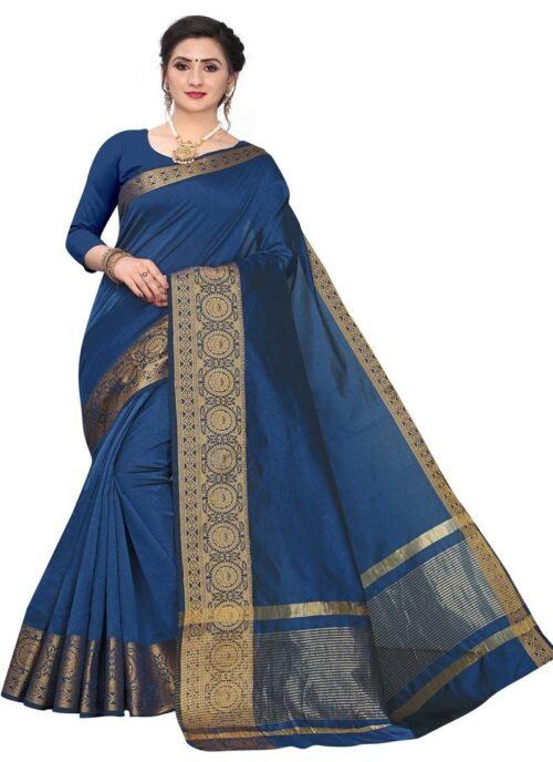 Generic Women’s Cotton Blend Sarees (Dark Blue , 5-6Mtrs)