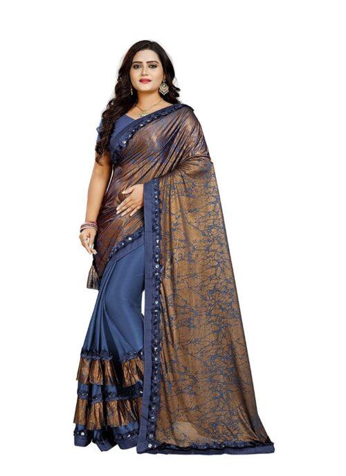 Generic Women’s Lycra Blend Sarees (Blue And Brown , 5-6Mtrs)