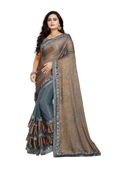 Generic Women’s Lycra Blend Sarees (Greay And Brown , 5-6Mtrs)