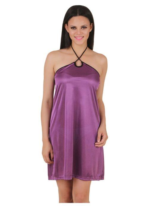 Women’s Satin Short Nighty with Sleeve Less(Color: Purple, Neck Type: Halter Neck)