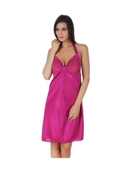 Women’s Satin Short Nighty with Sleeve Less(Color: Wine, Neck Type: Halter Neck)