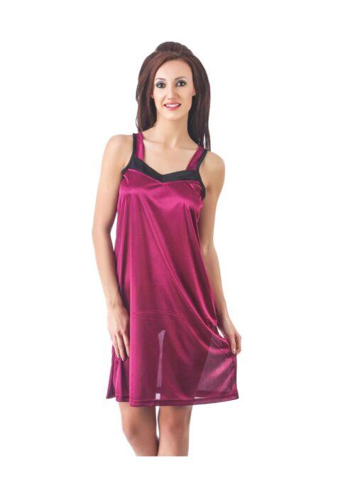 Women’s Satin Short Nighty with Sleeve Less(Color: Black Wine, Neck Type: Halter Neck)