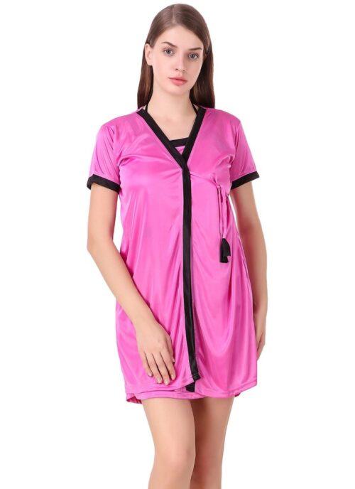 Women’s Satin Short Wrap Gown with Half Sleeve(Color: Pink and Black, Neck Type: V Neck)