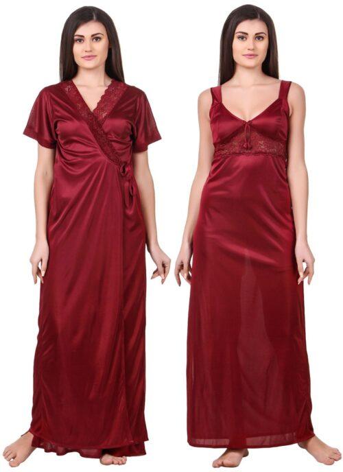 Women’s Satin 2 PCs Set of Nighty And Wrap Gown with Half Sleeve(Color: Maroon, Neck Type: Sweatheart Neck)