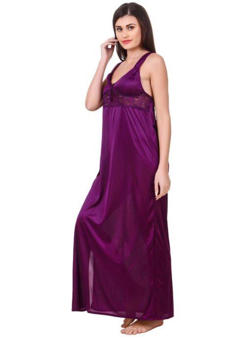 Women’s Satin 2 PCs Set of Nighty And Wrap Gown with Half Sleeve(Color: Purple, Neck Type: Sweatheart Neck)