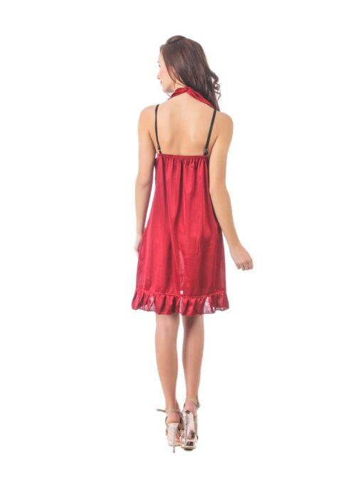 Women’s Satin Short Nighty with Sleeve Less(Color: Maroon Black, Neck Type: Halter Neck)