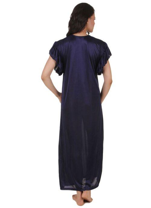 Women’s Satin Long Nighty Frill Sleeve(Color: Navy Blue, Neck Type: V Neck)