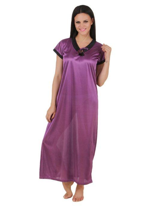 Women’s Satin Long Nighty Mega Sleeve(Color: Purple, Neck Type: V Neck)