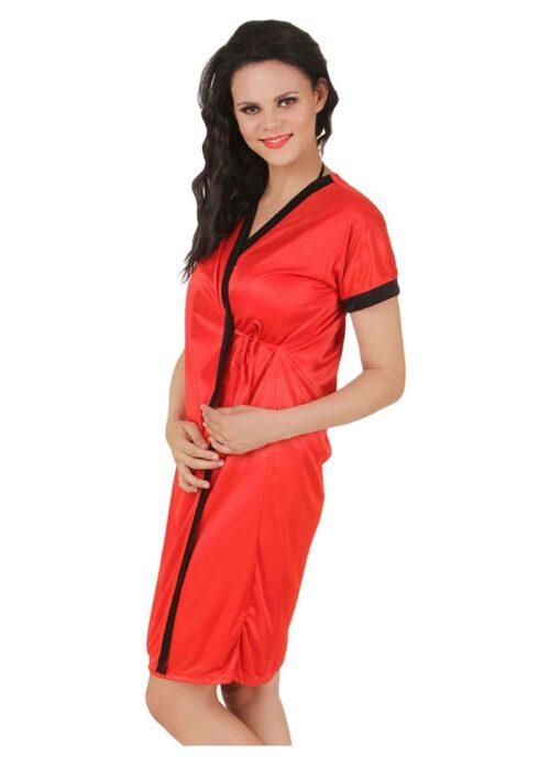 Women’s Satin Short Wrap Gown with Half Sleeve(Color: Red, Neck Type: V Neck)