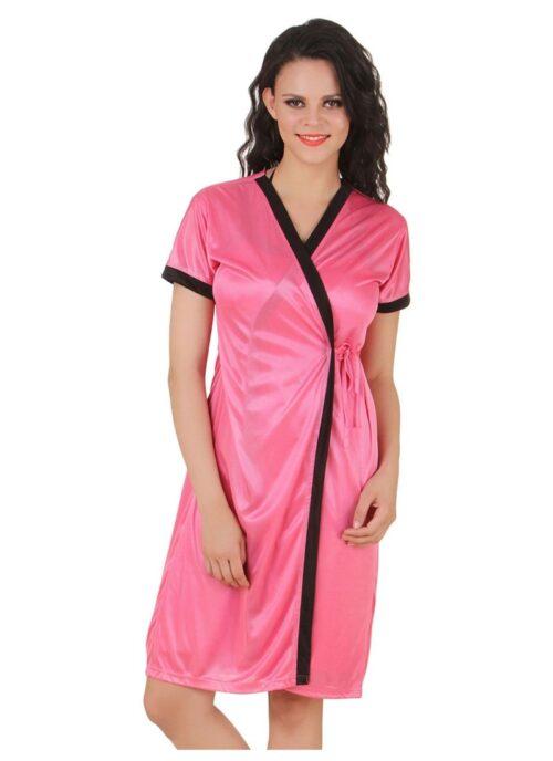 Women’s Satin Short Wrap Gown with Half Sleeve(Color: Coral Pink, Neck Type: V Neck)