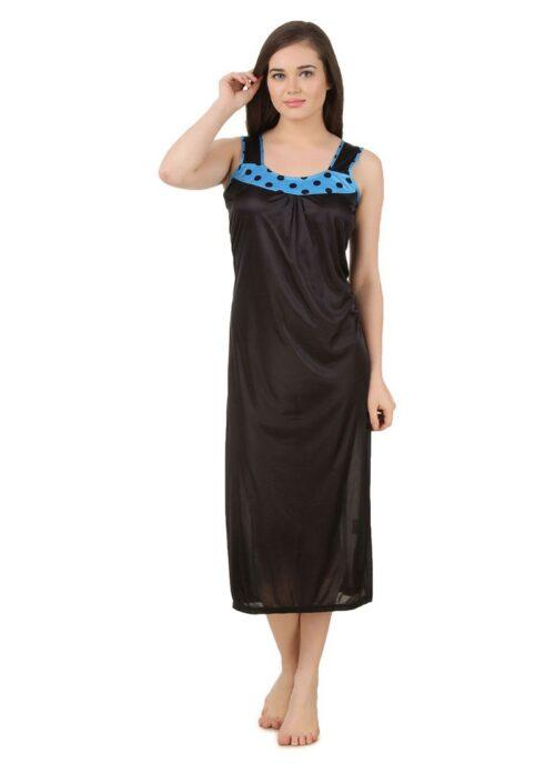 Women’s Satin Long Nighty with Sleeve Less(Color: Turquoise and Black, Neck Type: U Neck)