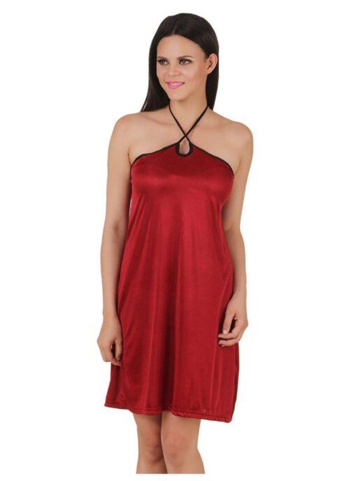 Women’s Satin Short Nighty with Sleeve Less(Color: Maroon, Neck Type: Halter Neck)