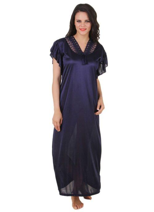 Women’s Satin Long Nighty Frill Sleeve(Color: Navy Blue, Neck Type: V Neck)