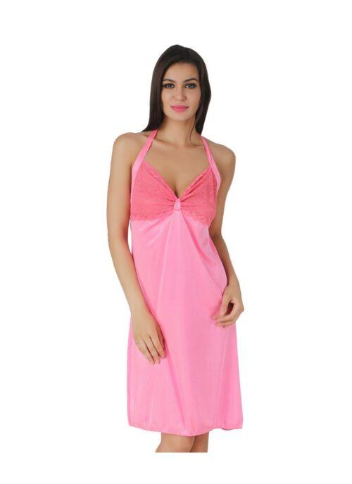 Women’s Satin Short Nighty with Sleeve Less(Color: Pink, Neck Type: Halter Neck)