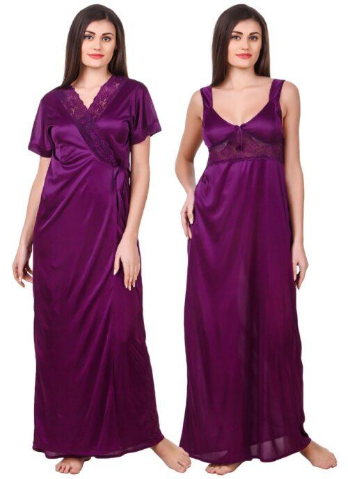 Women’s Satin 2 PCs Set of Nighty And Wrap Gown with Half Sleeve(Color: Purple, Neck Type: Sweatheart Neck)