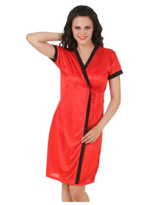 Women’s Satin Short Wrap Gown with Half Sleeve(Color: Red, Neck Type: V Neck)