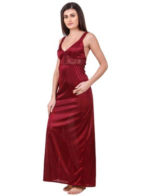 Women’s Satin 2 PCs Set of Nighty And Wrap Gown with Half Sleeve(Color: Maroon, Neck Type: Sweatheart Neck)