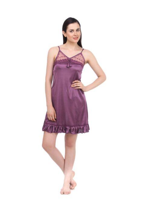 Women’s Satin Short Nighty with Sleeve Less(Color: Purple, Neck Type: V Neck)