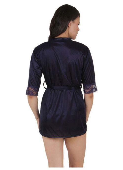 Women’s Satin Babydoll Robe with Thong with Half Sleeve(Color: Navy Blue, Neck Type: V Neck)