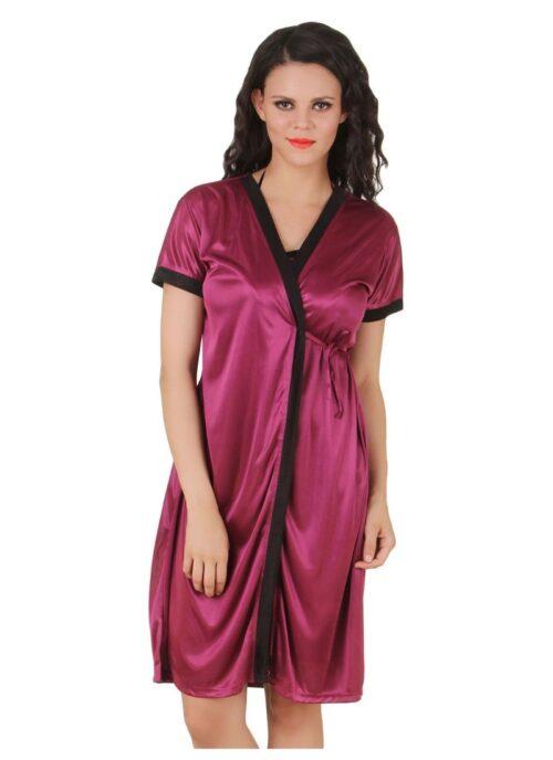 Women’s Satin Short Wrap Gown with Half Sleeve(Color: Dark Wine and Black, Neck Type: V Neck)