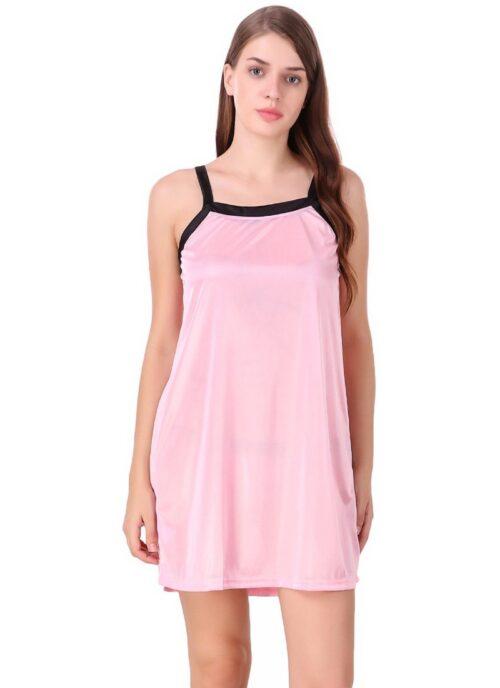 Women’s Satin Short Nighty with Half Sleeve(Color: Baby Pink and Black, Neck Type: V Neck)