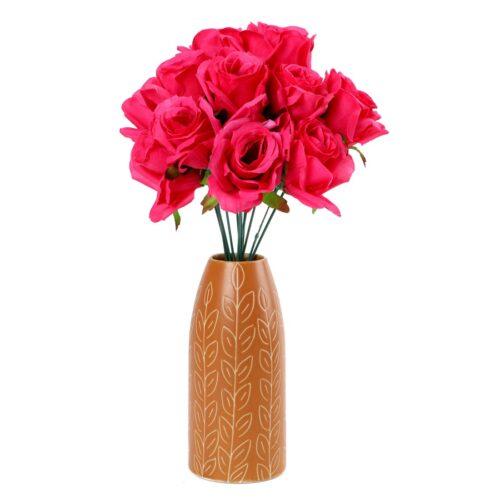 Generic Silk Polyester Artificial Rose Flowers Bunch Bouquet Of 12 Roses For Home Decoration (Color: Pink,Length: 17 Inches)