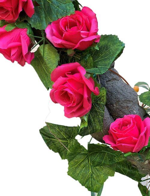 Generic Silk Polyester Artificial Big Dark Pink Rose Vine Flowers With Green Leaves For Wall Decoration (Color: Pink,Length: 7.5 Feet)