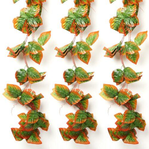 Generic Pack Of 3 Silk Polyester Artificial Shaded Orange Green Leaf Vine Hanging Garland Foliage Flowers Leaf Plants For Wall Decoration (Color: Orange-Green,Length: 15 Feet)