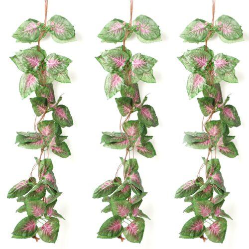 Generic Pack Of 5 Silk Polyester Artificial Shaded Pink Green Leaf Vine Hanging Garland Foliage Flowers Leaf Plants For Wall Decoration (Color: Pink-Green,Length: 15 Feet)