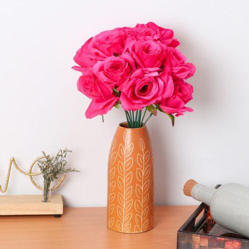 Generic Silk Polyester Artificial Rose Flowers Bunch Bouquet Of 12 Roses For Home Decoration (Color: Pink,Length: 17 Inches)