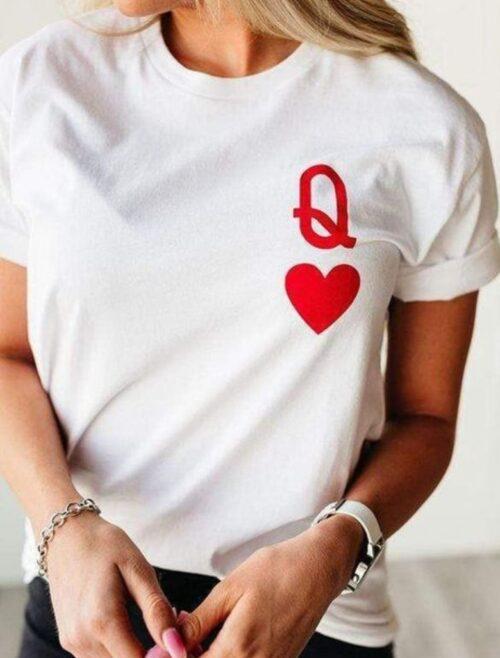 Generic Unisex Half Sleeves Queen Heart Tshirts (Color:White, Material:Polyester)