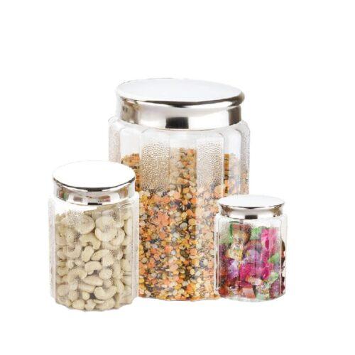 Kitchen Storage Airtight, Transparent 3 Pieces Round Jar Container with Stainless Steel lid (Color: Assorted)