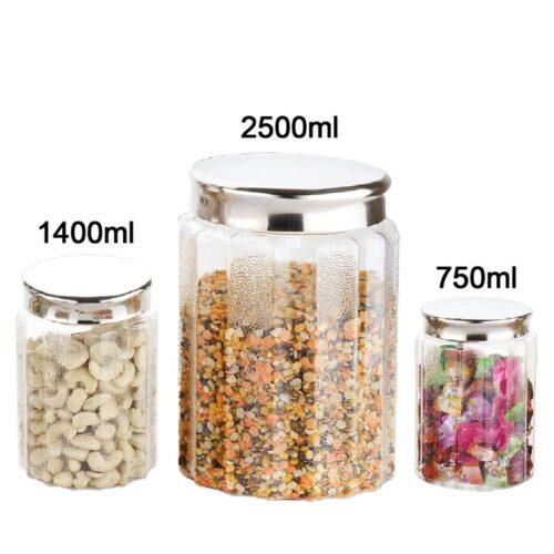 Kitchen Storage Airtight, Transparent 3 Pieces Round Jar Container with Stainless Steel lid (Color: Assorted)