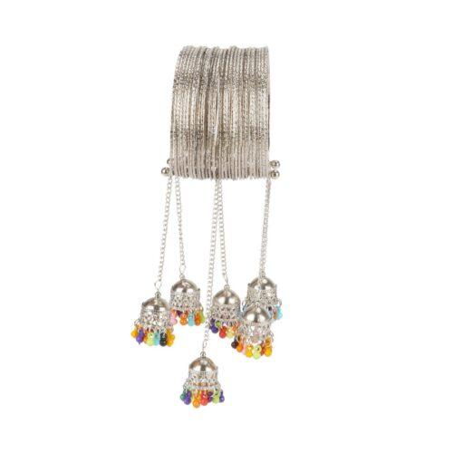 Generic Stylish Oxidized Silver Bangle Bracelet With Hanging Jhumki (Color: Silver)