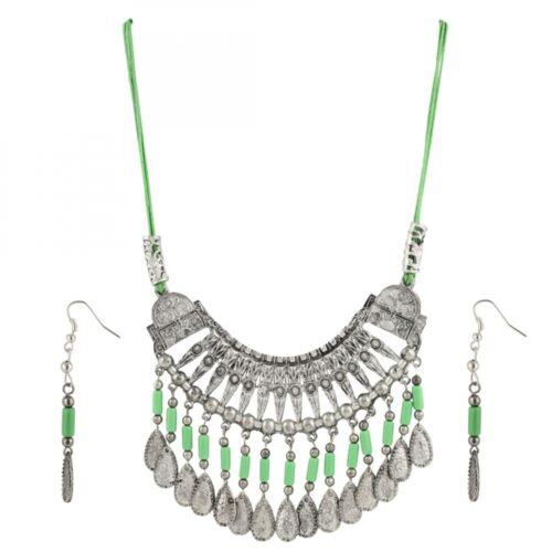 Generic Women’s Oxidized German Silver Green Beads Necklace (Color: Green)