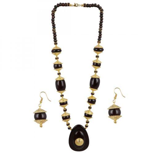 Generic Women’s Designer Dark Brown and Golden Beads South Style Necklace (Color: Black)