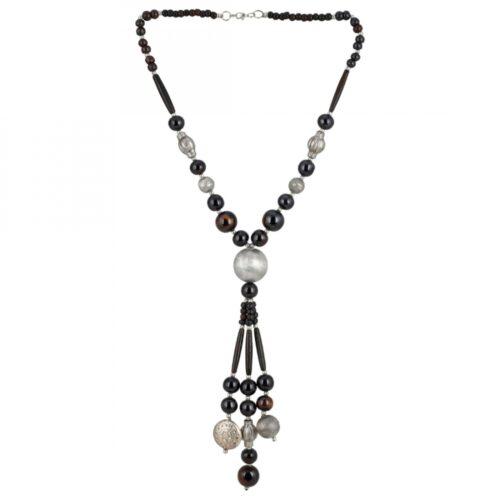 Generic Women’s Stone Beads Fashion Silver Necklace (Color: Black)