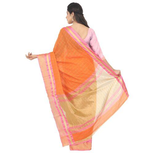 Women’s Cotton Silk Saree With Blouse (Orange, 5-6 Mtrs)