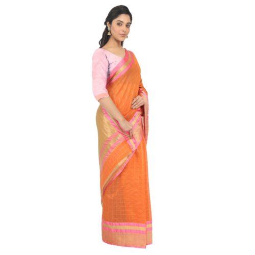 Women's Cotton Silk Saree With Blouse (Orange, 5-6 Mtrs) - Image 3