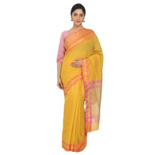 Women’s Cotton Silk Saree With Blouse (Yellow, 5-6 Mtrs)