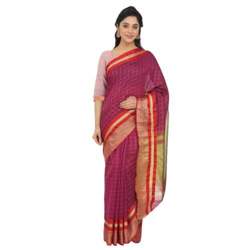 Women’s Cotton Silk Saree With Blouse (Dark Pink, 5-6 Mtrs)