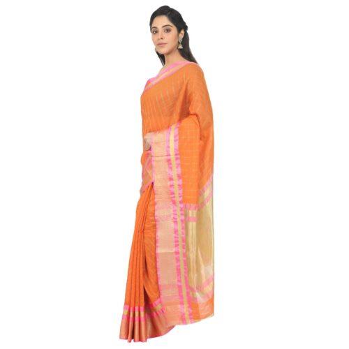 Women's Cotton Silk Saree With Blouse (Orange, 5-6 Mtrs) - Image 4