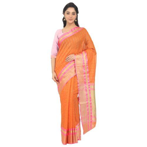 Women’s Cotton Silk Saree With Blouse (Orange, 5-6 Mtrs)