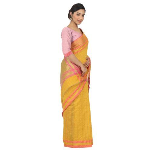 Women's Cotton Silk Saree With Blouse (Yellow, 5-6 Mtrs) - Image 3