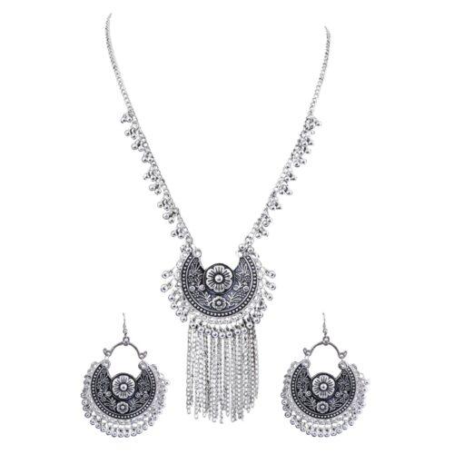 Generic Elegant Stylish Black Meena Oxidised Jewellery With Earrings Set For Women