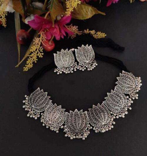 Generic Antique Silver Oxidised Tribal Afghani Necklace With Earrings Set For Women