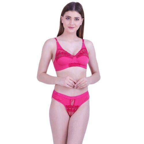 Women’s Cotton Bra And Panty Set (Material: Cotton (Color: Dark Pink)